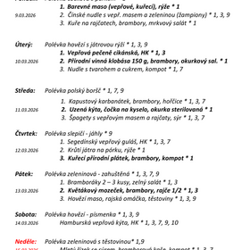 Jídelníček 9. 3. 2026